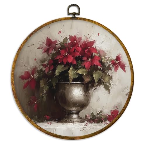 XPH Christmas Poinsettia Round Wall Art Framed, Christmas Floral Circle Wall Decor, Rustic Botanical Flower Xmas Hanging Canvas Prints for Home Bedroom Living Room Decoration, 10x10 Inch - color: Christmas 31