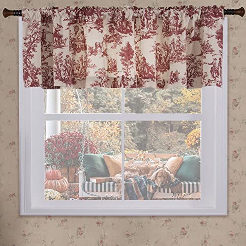 Red and Cream Beige Valance Curtains for Kitchen Windows,Country Farmhouse Style Vintage Toile de Jouy Printed Pattern on White Cotton Fabric Floral Valances for Living Room Bedroom,18 Inch Length - color: Red