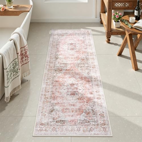 Uphome Bathroom Rugs Runner, Distressed Farmhouse Boho Blush Pink Bath Mat, Non Slip Washable Long Bath Rugs, Vintage Traditonal Soft Velvet Bathroom Runner for Bathtub Sink Shower, 20x60 inch - color: Blush Pink, size: 20 x 60 inch (Rectangular)