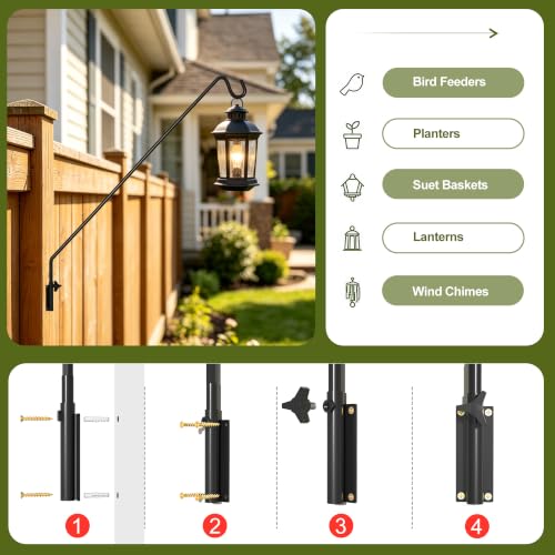 MIXXIDEA Heavy Duty Extended Reach Wall Mounted Deck Hook Wall Pole,Bracket Direction and Length Adjustable Plant Bracket for Bird Feeders, Planters, Suet Baskets, Lanterns, Wind Chimes,Black - size: 43in Long Wall Mounted Hook-1 Pack