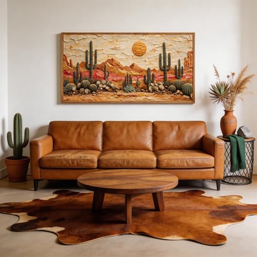 Aurlan 3D Textured Cactus Arizona Desert Framed Canvas Wall Art 40x20 Inch - color: Cactus Desert (3D Textured), size: 40"L x 20"W