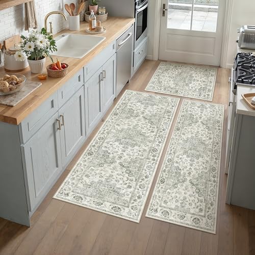 Washable Neutral Green Kitchen Runner Rug Set of 3 - color: Neutral | Green, size: 20"x32"+20"x48"+30"x50"