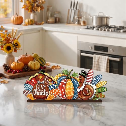 Smile Thanksgiving Wooden Standing Decor, Turkey Pumpkin And Give Thanks Tiered Tray Tabletop Signs With Stands For Home And Party Decorations - style: Pumpkin Turkey