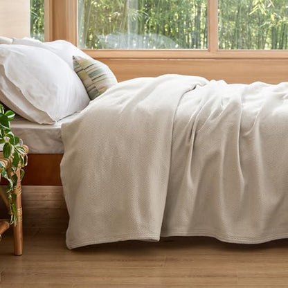 Bedsure 100% Cotton Blanket, Herringbone Weave, Full, Linen Beige - color: 01 - Linen Beige, size: Full