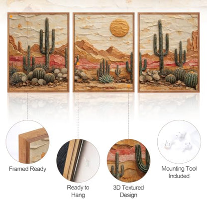 Aurlan 3D Textured Cactus Arizona Desert Framed Canvas Wall Art 12x16 Inch - color: Cactus Desert (3D Textured), size: 12"L x 16"W