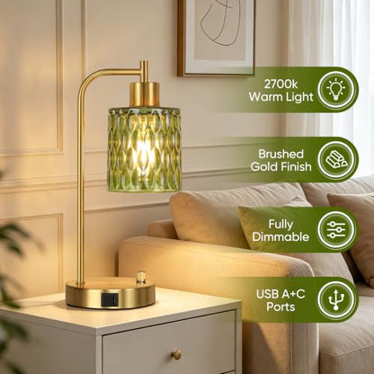 Table Lamps Set of 2, Green Glass Dimmable Bedside Lamps for Living Room - color: Gold&Green-3
