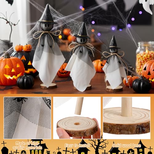 AceOrbit Halloween Decorations Indoor Ghost Set of 3 Sizes Primitive Ghost Wooden Stand Rustic with Witch Hat Spider Fabric Figure Shelf Sitters Table Centerpieces Tiered Tray Halloween Party Supply