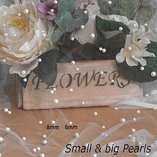 Wedding Table Tulle Tablecloth White Pearl Tulle Veil Fabrics Arch Dessert Table Decorations 10ft Party Sweetheart Table Décor Big and Small Beaded Pearl Fabric 2pcs 60x120 Inch