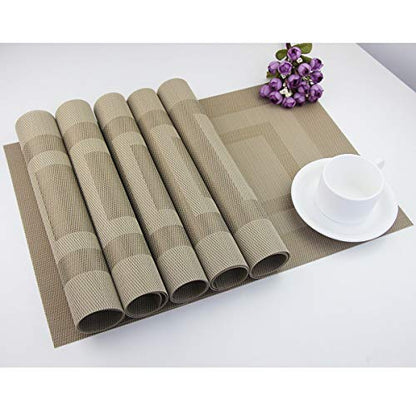 PIGCHCY Placemats Heat Resistant Non Slip Plastic Table Mats Washable Easy to Clean Woven Vinyl Kitchen Durable Placemats for Dining Table Set of 4 (Beige) - color: Box: Deep Beige, size: 4 Placemats