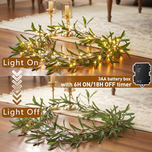 Vanthylit Lighted Artificial Olive Garland, 6FT Faux Greenery Vine Garland