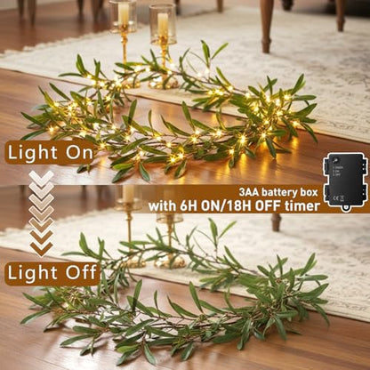 Vanthylit Lighted Artificial Olive Garland, 6FT Faux Greenery Vine Garland