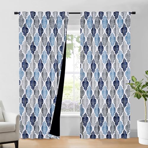 Beauoop Moroccan 100% Blackout Curtains Bedroom Blue Grey 50x45 2 Panels - color: Rod Pocket | Blue and Grey, size: 50"W x 45"L (Pack of 2)