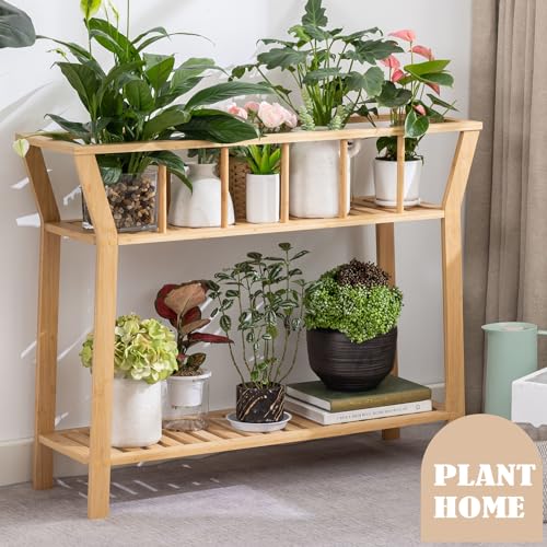 Nnewvante Bamboo Plant Stand Indoor 37.4"x11" 2 Tier Tall Organizer Shelf