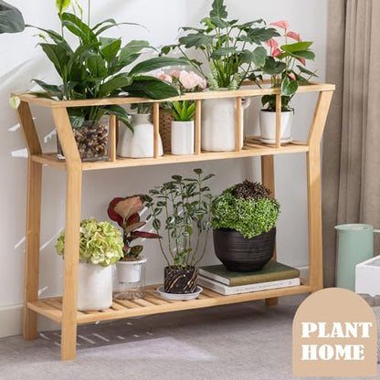 Nnewvante Bamboo Plant Stand Indoor 37.4"x11" 2 Tier Tall Organizer Shelf