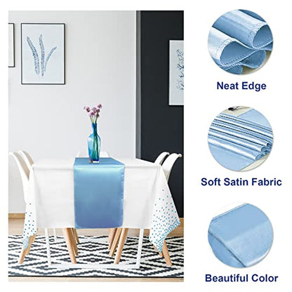 8Pack Disposable Plastic Tablecloths and Satin Table Runner Set White and Light Blue Dot Tablecloth Light Blue Satin Table Runner for Wedding Birthday Baby Shower Engagement Christmas Party Supplies - color: White and Light Blue, size: 8 Pack