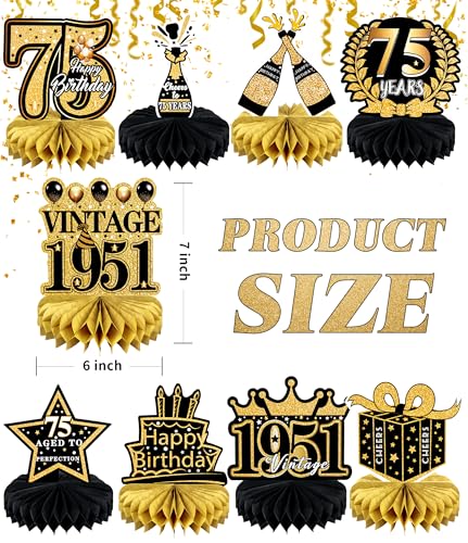 9 Pcs 75th Birthday Decoration for Men Women Table Honeycomb 1950 Decor - color: 75th-black and Gold