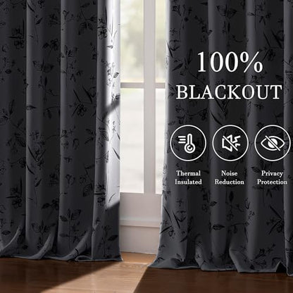 ChrisDowa 100% Blackout Floral Curtains 108 Inches Long 2 Panels,Black - color: Black, size: 52"W x 108"L (Pack of 2)