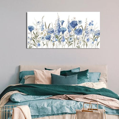 Elegant Blue White Flowers Wall Art Botanical Canvas Prints, 24"x48" - color: Blue White Botanical Flowers, size: 48"L x 24"W
