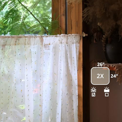 jinchan Green Pom Pom Voile Kitchen Tier Curtains 24 Inches 2 Panels - color: Dottie Sunlit Grove, size: 26"W x 24"L (Pack of 2)