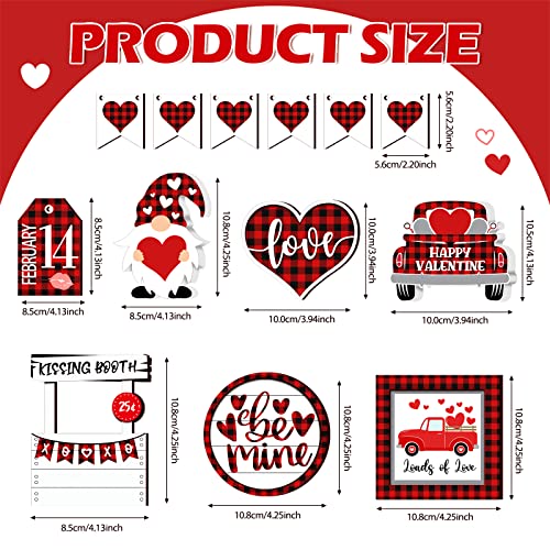 12 Pieces Valentine's Day Tiered Tray Decor Buffalo Plaid Table Wooden Sign Decorations Gnome Tabletop Heart Signs Be Mine Love Decor for Valentine's Day Party Home Kitchen Holiday(Plaid Heart) - style: Plaid Heart
