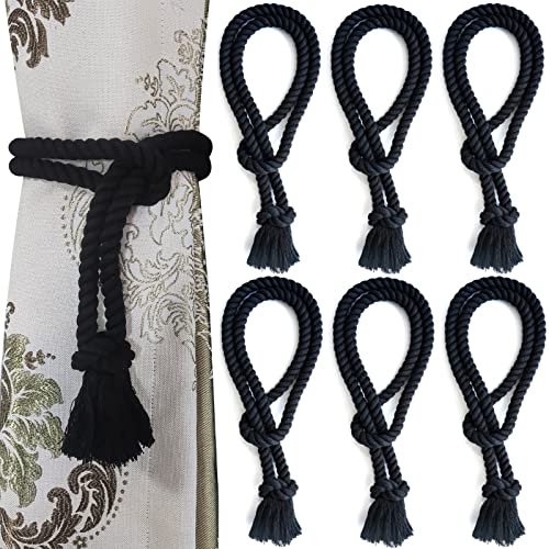6 Pack Curtain tiebacks Rope, Outdoor Curtain Tiebacks, Natural Cotton Curtain Ties, Village Rural Rustic Farmhouse Curtain Holdbacks Curtain tie Backs Holders for Heavy Duty Drapes, Black - color: Black Rope-l 6 Pack