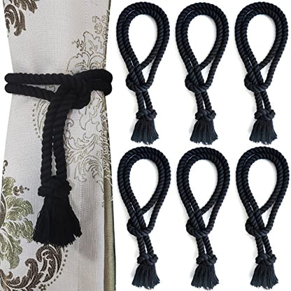 6 Pack Curtain tiebacks Rope, Outdoor Curtain Tiebacks, Natural Cotton Curtain Ties, Village Rural Rustic Farmhouse Curtain Holdbacks Curtain tie Backs Holders for Heavy Duty Drapes, Black - color: Black Rope-l 6 Pack