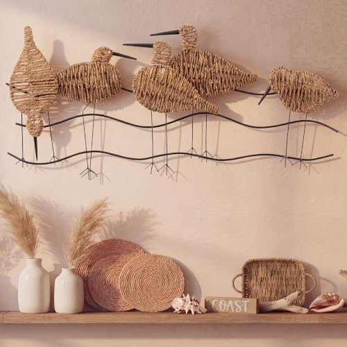 RattanView Wicker Coastal Seagull Wall Decor Seagull Wall Art Hanging Decors Handmade Wicker Beach Ocean Theme Ornaments Coastal Sculpture for Boho Bathroom Indoor Outdoor Art