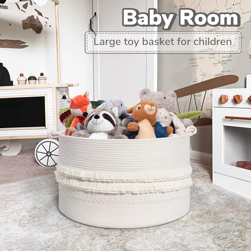 CherryNow 90L Large Woven Rope Blanket Basket with Tassel, 22" x 14", White - color: Off-white, size: 83L (22"W x 14"H)