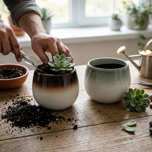 Ceramic Plant Pots, 5.5 Inch Indoor Planters, Ombre Glaze for Houseplants - color: Gradient Brown & Gray