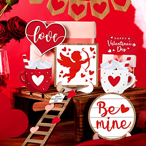 Frienda 12 Pieces Tiered Tray Decor Buffalo Plaid Table Wooden Sign Decorations Cupid Tabletop Heart Signs Be Mine Love Decor for Party Home Kitchen Holiday - style: Heart
