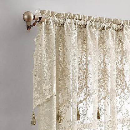 LinenZone 54 x 84 Linen Lace Curtains with Tassels. (Luna 54x84, Linen) - color: Linen, size: 54"W x 84"L (Pack of 2)