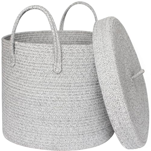 15”x13” Storage Basket with Lid, Blanket Storage for Living Room, Woven Cotton Rope Bin with Cover, Kids Dog Toy Box, Baby Laundry Basket with Lid, Covered Blankets Pillows Holder, Gray - color: Natural Beige