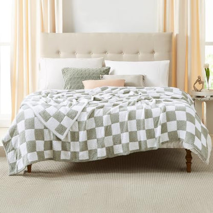 WRENSONGE Soft King Size Checkered Blanket for Bed-Cozy Knitted Blankets - color: Aloe Sage, size: King(90"x108")