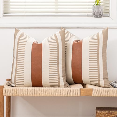 2 Pack 18x18 Inch Pillow Covers - Brown Faux Leather & Tan Stripe Print Soft Canvas Splicing, Same Pattern Both Sides | for Sofa Couch Bed Living Room, Farmhouse Industrial Minimalist Decor - color: Tan and Beige, size: 18" x 18" (Pack of 2)
