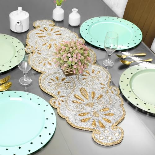 Beaded Runner 36 inch - 13x36 Inch Handmade Glass Bead & Polyester Décor Elegant Dining & Coffee Table Accent -Perfect for Weddings Holidays Farmhouse & Home (Gold Silver) - ALPHA Living HOME - color: Dark Gold Pewter