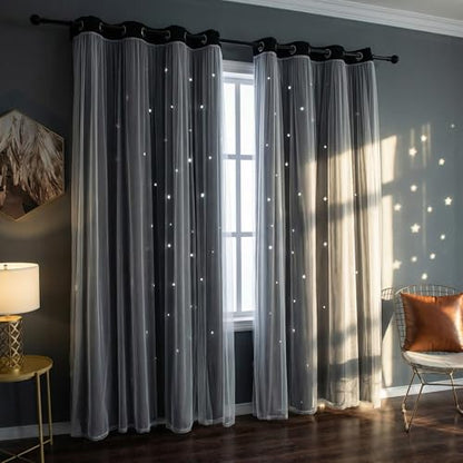 Grey Kids Star Cutout Blackout Curtains for Bedroom 52"W x 84"L 2 Panels - color: Grey, size: 52"W x 84"L (Pack of 2)