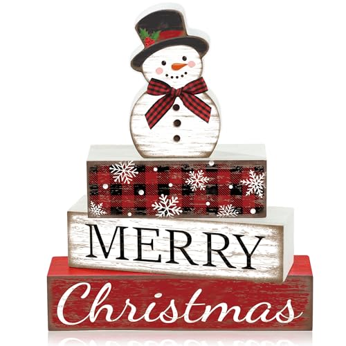 4 Pcs Christmas Table Decoration Snowman Wooden Block Merry Christmas Wood Centerpiece Xmas Red Buffalo Plaid Tabletop Sign Xmas Rustic Farmhouse Tiered Tray Decor for Winter Party Home Shelf Decor
