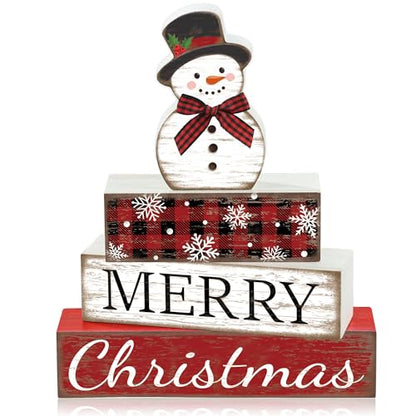 4 Pcs Christmas Table Decoration Snowman Wooden Block Merry Christmas Wood Centerpiece Xmas Red Buffalo Plaid Tabletop Sign Xmas Rustic Farmhouse Tiered Tray Decor for Winter Party Home Shelf Decor