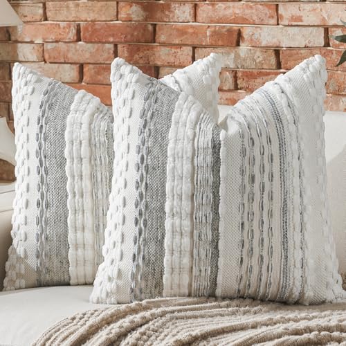 AmHoo Set of 2 Chenille Tufted Striped Textured Boho Throw Pillow Covers Aesthetic Woven Decorative Pillow Case for Couch Bed Sofa Bedroom Modern Funky 18 x 18-Inch White Grey - color: White Grey, size: 18" x 18" (Pack of 2)