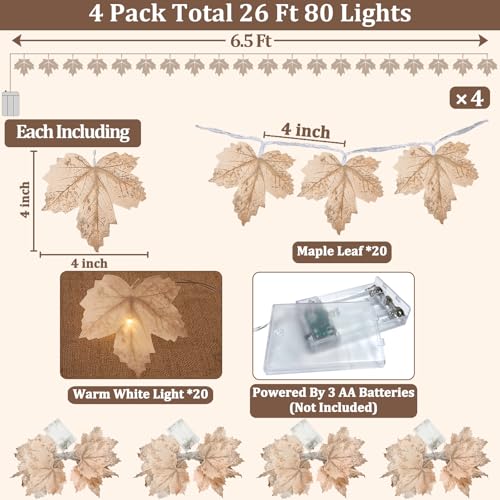 4 Pack Fall Decorations Fall Maple Leaves Garland with Lights Total 26FT