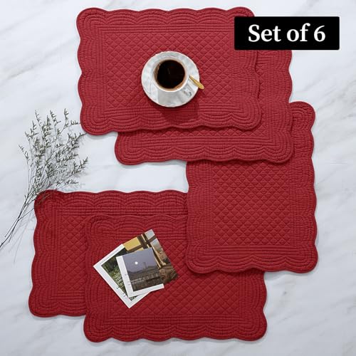 HOMBYS Quilted Placemats Set of 6 Washable-13x18 inches Rectangular Placemats for Kitchen Table-100% Cotton fabric cover and 100% polyester fiber filling Rectangular Table Mats-Cotton (18"x13", Red) - color: Red