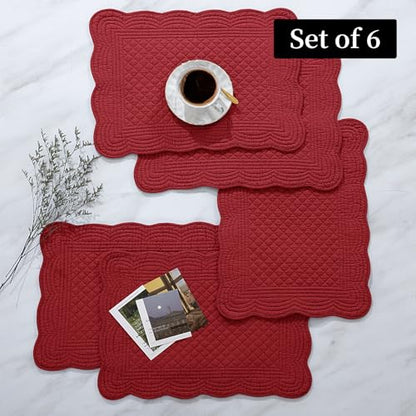 HOMBYS Quilted Placemats Set of 6 Washable-13x18 inches Rectangular Placemats for Kitchen Table-100% Cotton fabric cover and 100% polyester fiber filling Rectangular Table Mats-Cotton (18"x13", Red) - color: Red