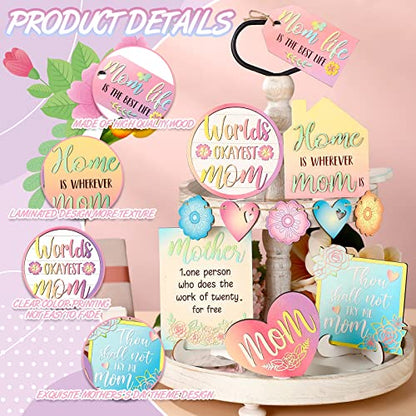 12 Pcs Mother's Day Tiered Tray Decor Happy Mother's Day Sweet Decorations Wooden Centerpiece Items Heart Flower Letters Floral Wooden Table Signs for Mother Gift Decorations Party Supplies - style: Mother