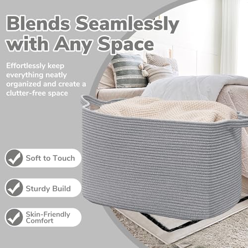 Goodpick 105L Extra Large Woven Rope Blanket Basket, Rectangle, Gray - color: Grey, size: XX-Large(25"L x 16"W x 16"H)