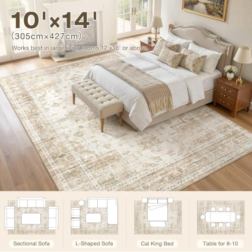 10x14 Area Rugs for Living Room: Washable Neutral Soft Beige Rug - color: Beige, size: 10' x 14' (Rectangular)