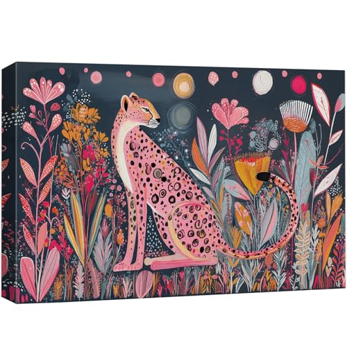 wall26 Canvas Print Wall Art Whimsical Pink Cheetah in Colorful Jungle Boho Folk Art Animal Digital Art Realism Rustic Scenic Nature Photography Colorful for Living Room, Bedroom, Office - 12"x18" - color: A25-2605-M21, size: 18"L x 12"W