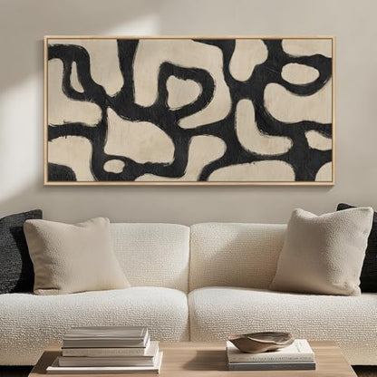 Framed Neutral Modern Abstract Horizontal Wall Art Bedroom, 20x40 Inch - color: Beige Black, size: 40"L x 20"W