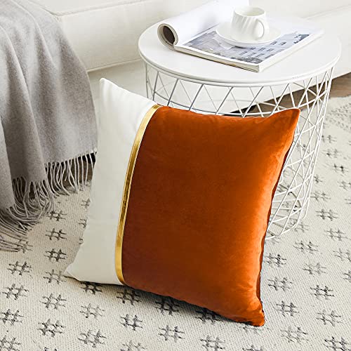 Fancy Homi 2 Packs Fall Decorative Throw Pillow Covers 20x20 Inch for Living Room Couch, Brunt Orange and White Velvet Patchwork with Gold Leather, Luxury Modern Home Decor Cute Cushion Case 50x50 cm - color: Orange, size: 20" x 20" (Pack of 2)