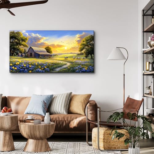 crmotu Rustic Farmhouse Wall Art, Farm Cow Sunset Paintings 20X40 In - color: Cows Farm, size: 40"L x 20"W