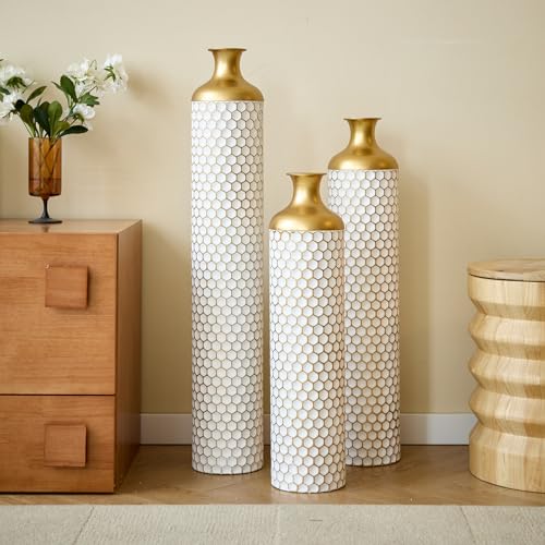 Metal Tall Floor Vase Set of 3, Large Gold Vase Decorative Tall Stand Vases for Dried Flower, Modern Home Decor for Living Room, Hallway, Wedding Centerpiece, 24"/28.7"/33.4", Honeycomb Gilded Relief - color: Honeycomb Gilded Relief
